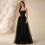 Women's Strapless Elegant Mesh Sequin Lace-Up Back A-Line Evening Gown