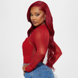 Women Solid Color Sexy Patchwork Mesh Cross Halter Neck Long Sleeve Jumpsuit