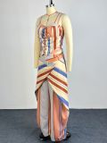 Women Fall Striped Cami Lace-Up Top & Wide Leg Pants Two Piece Set