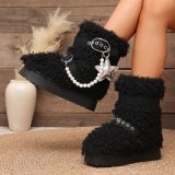 Women Autumn Winter Furry Pu-Leather Buckle Lace-Up Snow Boots