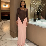 Women Sexy Color Block Ruched Long Sleeve Dress
