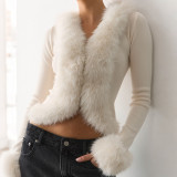 Women Autumn Winter Furry Collar Patchwork Furry Long Sleeve T-shirt Top