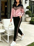 Women Spring Autumn Color Block Open Front Coat & Jogger Pants Casual Two Piece Set