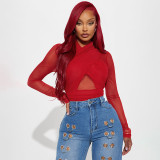 Women Solid Color Sexy Patchwork Mesh Cross Halter Neck Long Sleeve Jumpsuit