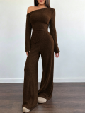 Women Solid Slash Shoulder Casual Long Sleeve Top & Long Pants Two Piece Set