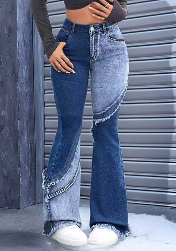 Women Color Block Patchwork Raw Edge Denim Stretchy Bell Bottom Pants