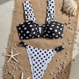 Women Black White Polka Dot Ruched Sexy Two Piece Swimsuit
