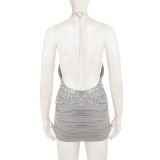 Women Sexy Sequin Draped Collar Halter Neck Chain Patchwork Backless Bodycon Dress