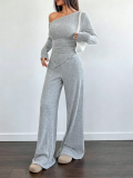 Women Solid Slash Shoulder Casual Long Sleeve Top & Long Pants Two Piece Set
