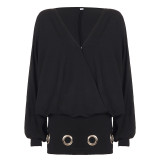 Women French V Neck Hollow Out Batwing Long Sleeve Bodycon Dress