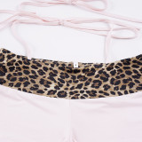 Women Holiday Leopard Halter Neck Lace-Up Bra & Shorts Bikini Two Piece Set for Beach