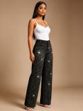 Women Black Wide Leg Full Rhinestone Denim Pants