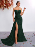 Women Sequin Strapless Sexy Slit Mermaid Formal Party Evening Dress