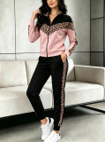 Women Spring Autumn Color Block Open Front Coat & Jogger Pants Casual Two Piece Set