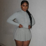 Women Casual Mock Neck Long Sleeve Zipper Top & Pleated Skirt Two Piece Set
