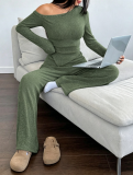 Women Solid Slash Shoulder Casual Long Sleeve Top & Long Pants Two Piece Set