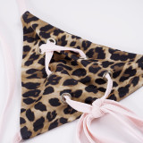 Women Holiday Leopard Halter Neck Lace-Up Bra & Shorts Bikini Two Piece Set for Beach