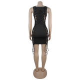 Women Sexy Hollow Out Lace-Up Sleeveless Bodycon Dress