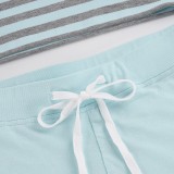 Women American Color Block Casual Stripe Slash Shoulder Top + Cami + Drawstring Shorts Three Piece Set
