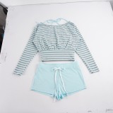 Women American Color Block Casual Stripe Slash Shoulder Top + Cami + Drawstring Shorts Three Piece Set