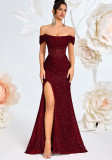 Women French Off Shoulder Ruched Sequin Sexy Boned Corset Slit Evening Dress