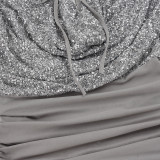 Women Sexy Sequin Draped Collar Halter Neck Chain Patchwork Backless Bodycon Dress