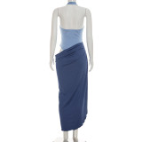 Women Faux Two-Piece Color Block Halter Neck Slit Asymmetrical Dress