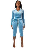 Women Velvet Color Block White Stripe Turndown Collar Zipper Top & Capri Pants Two Piece Set