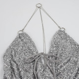 Women Sexy Sequin Draped Collar Halter Neck Chain Patchwork Backless Bodycon Dress