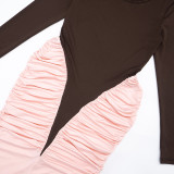 Women Sexy Color Block Ruched Long Sleeve Dress