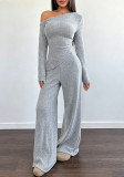 Women Solid Slash Shoulder Casual Long Sleeve Top & Long Pants Two Piece Set