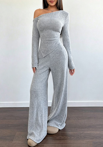 Women Solid Slash Shoulder Casual Long Sleeve Top & Long Pants Two Piece Set
