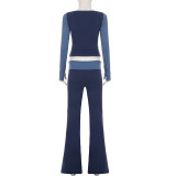 Women American Casual Color Block Raglan Sleeve Round Neck T-shirt & Bell Bottom Pants Two Piece Set