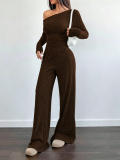Women Solid Slash Shoulder Casual Long Sleeve Top & Long Pants Two Piece Set