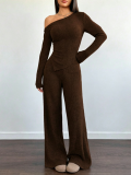 Women Solid Slash Shoulder Casual Long Sleeve Top & Long Pants Two Piece Set