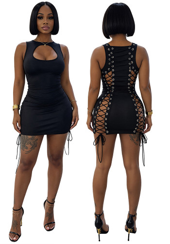 Women Sexy Hollow Out Lace-Up Sleeveless Bodycon Dress