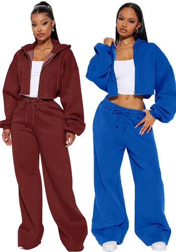 Women Drop Shoulder Puff Sleeve Cropped Hoodie & Wide Leg Pants Two Piece Set