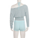Women American Color Block Casual Stripe Slash Shoulder Top + Cami + Drawstring Shorts Three Piece Set