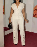 Women V Neck Sleeveless Blazer Top & Bell Bottom Pant Casual Two Piece Set