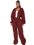 Women Drop Shoulder Puff Sleeve Cropped Hoodie & Wide Leg Pants Two Piece Set