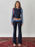 Women American Casual Color Block Raglan Sleeve Round Neck T-shirt & Bell Bottom Pants Two Piece Set