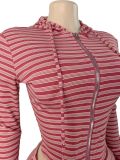 Women Striped Zip-Up Hooded Top & Roll Waist Capri Pants Two Piece Set