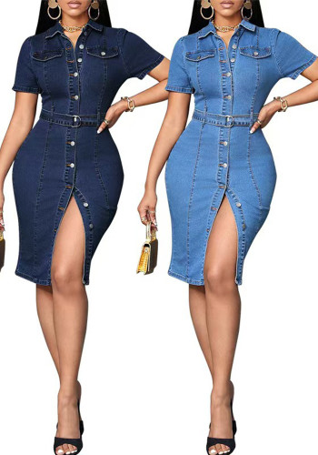 Women Turndown Collar Short Sleeve Denim Bodycon Dress