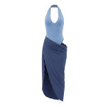 Women Faux Two-Piece Color Block Halter Neck Slit Asymmetrical Dress