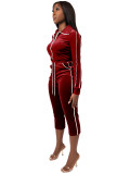 Women Velvet Color Block White Stripe Turndown Collar Zipper Top & Capri Pants Two Piece Set