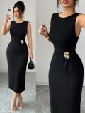 Women Elegant Sexy Solid Round Neck Sleeveless Dress