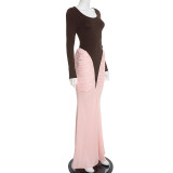 Women Sexy Color Block Ruched Long Sleeve Dress