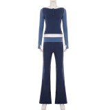Women American Casual Color Block Raglan Sleeve Round Neck T-shirt & Bell Bottom Pants Two Piece Set