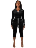 Women Velvet Color Block White Stripe Turndown Collar Zipper Top & Capri Pants Two Piece Set