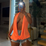 Women Solid Color Hollow Out Sexy Draped Collar Sleeveless Top